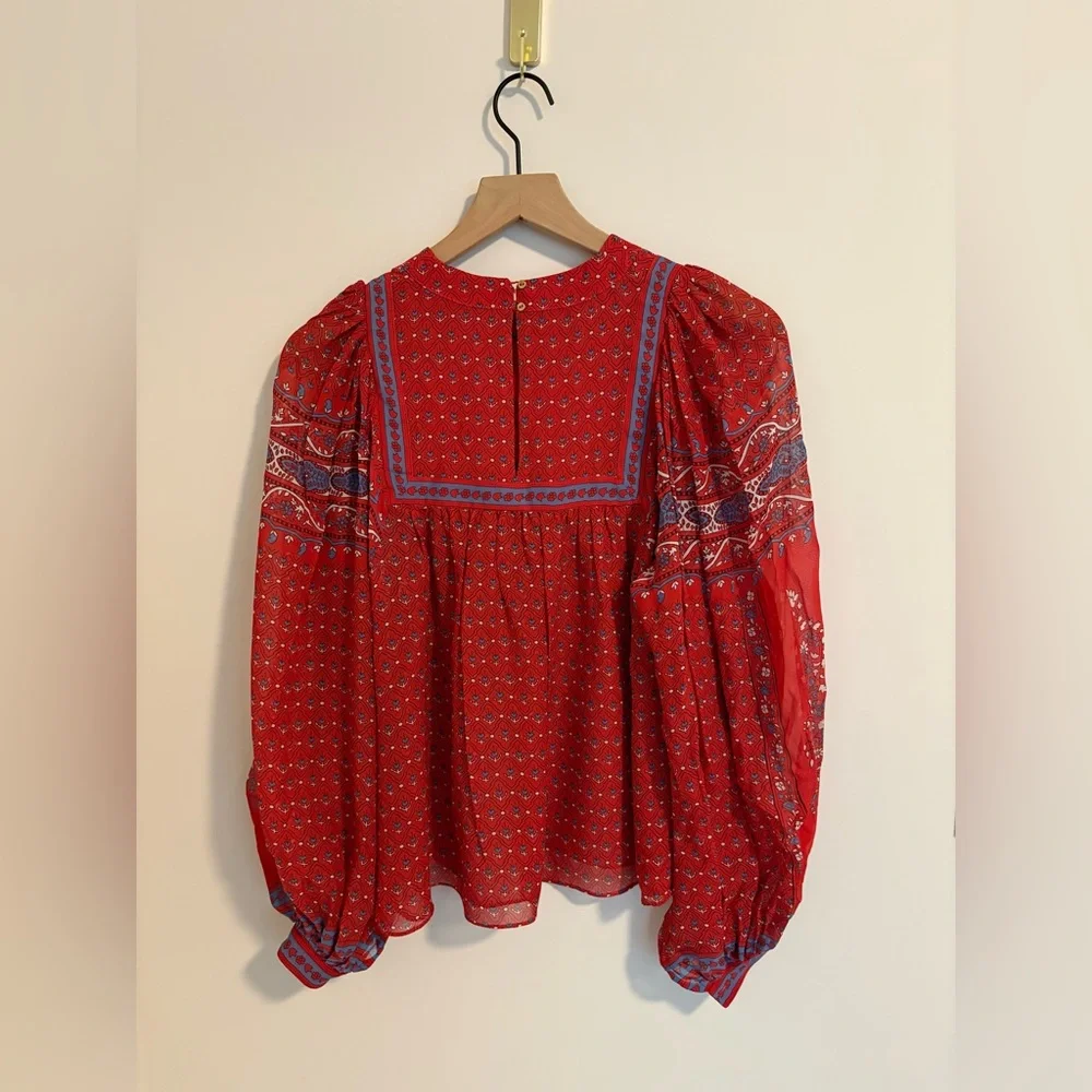 Ulla Johnson Red Blue Floral Paisley Silk Bohemian Blouse Size 0-2 - Picture 5 of 9